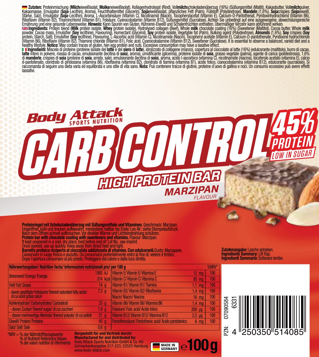 Body Attack Carb Control (15x100g Riegel) Marzipan