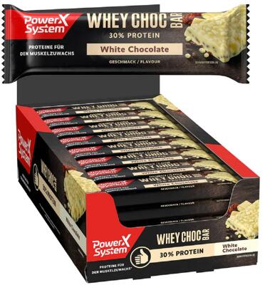 Power System Whey Choc Bar. 16 x 50 g Riegel. White Chocolate